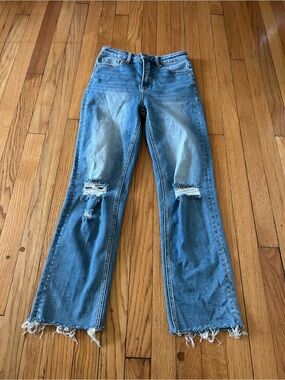 Blue Distressed High-Rise Straight Jeans